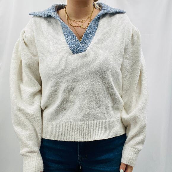 Tanya Taylor S white blue henley collar sweater - Picture 3 of 8